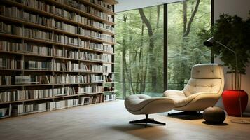 intérieur bibliothèque avec moderne étagère à livres confortable fauteuil photo