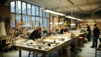 intérieur atelier bourdonnant avec qualifié travail en équipe et innovation photo