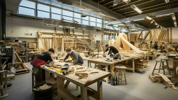 intérieur atelier bourdonnant avec qualifié travail en équipe et innovation photo