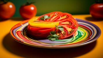 juteux mûr tomate tranche sur vibrant multi coloré salade photo