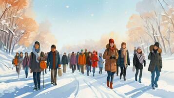 grand groupe en plein air souriant en marchant dans hiver photo