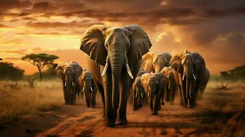 grand troupeau de africain éléphants en marchant à crépuscule photo