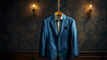 luxe bleu costume veste sur cintre Contexte photo