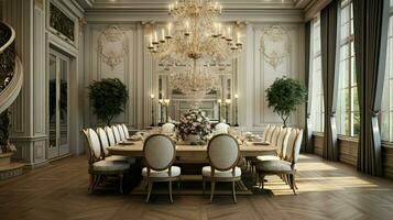 luxe à manger pièce avec élégant lustre éclairage photo