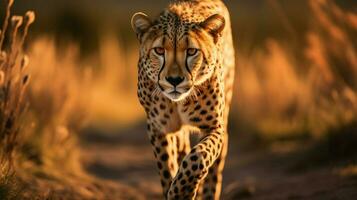 majestueux guépard en marchant dans le région sauvage regarder photo