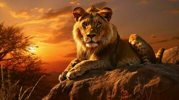 majestueux lionne dans le africain région sauvage le coucher du soleil photo