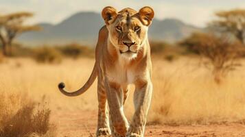 majestueux lionne en marchant dans le africain savane photo