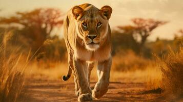 majestueux lionne en marchant par africain savane à crépuscule photo