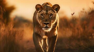 majestueux lionne en marchant par africain savane à crépuscule photo