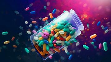 médicament bouteille effusion coloré pilules représentant dépendance photo