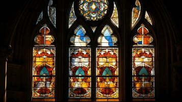 médiéval chapelle avec gothique architecture coloré verre photo