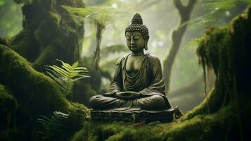méditer Bouddha statue dans tranquille forêt réglage photo