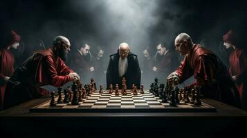 Hommes bataille sur échecs planche travail en équipe des stands en dehors photo