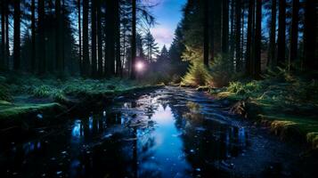 laiteux façon illumine tranquille forêt à crépuscule photo