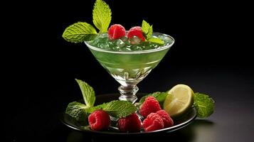 menthe feuille garnir sur gourmet dessert Frais fruit cocktail photo