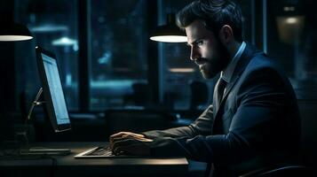 moderne homme d'affaire travail sur ordinateur dans foncé Bureau photo