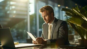 moderne homme d'affaire travail dans brillant retour allumé Bureau photo