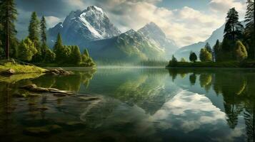 la nature beauté réfléchi dans tranquille Montagne Lac photo