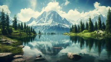 la nature beauté réfléchi dans tranquille Montagne Lac photo