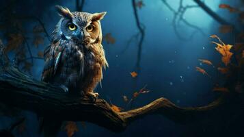 nuit hibou perché sur effrayant arbre branche photo