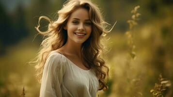 un magnifique femme Jeune et élégant souriant dans la nature photo