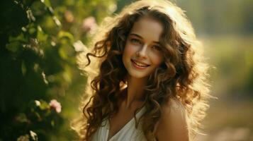 un magnifique femme Jeune et élégant souriant dans la nature photo