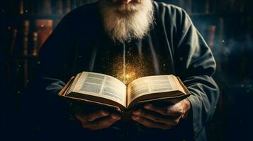 un la personne en portant une livre en train d'étudier sagesse photo