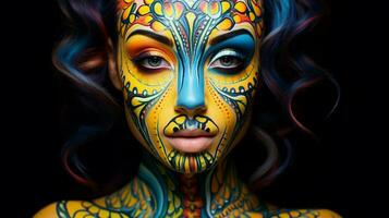 un Jeune femme crée vibrant visage La peinture photo