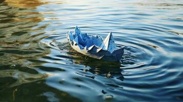 origami papier bateau voiles sur bleu l'eau une Créatif périple photo