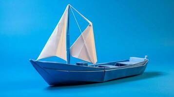 origami papier bateau voiles sur bleu l'eau une Créatif périple photo