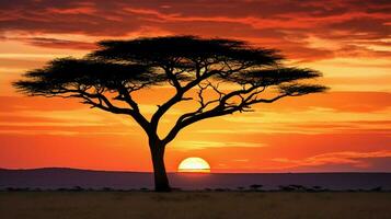 silhouette de acacia arbre sur plaine tranquille Aube dans Afrique photo