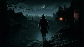 silhouette de encapuchonné voleur cachette dans le nuit photo
