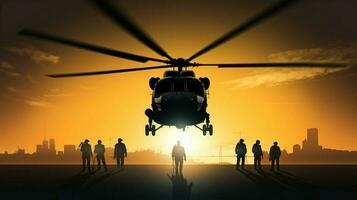 silhouette de armé les forces pilotage hélicoptère en plein air photo