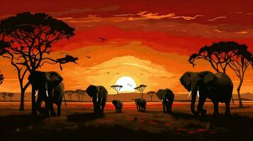 silhouette de grand l'éléphant troupeau à le coucher du soleil photo