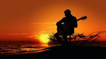 silhouette de musicien en jouant guitare à le coucher du soleil photo