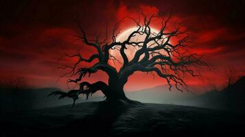 silhouette de effrayant arbre sur brumeux nuit photo