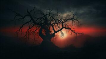 silhouette de effrayant arbre sur brumeux nuit photo