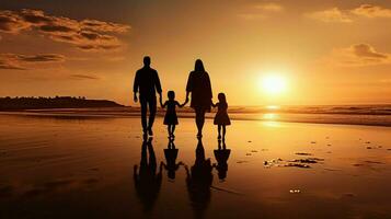 silhouettes de famille en marchant sur plage à le coucher du soleil photo