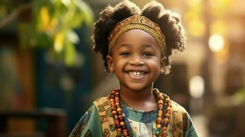souriant africain enfant permanent en plein air de bonne humeur photo