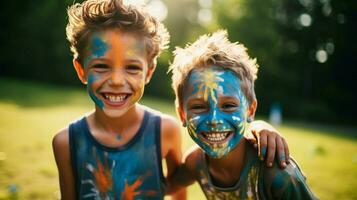 souriant garçons dans visage peindre apporter joie et bonheur Extérieur photo