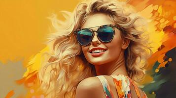 souriant blond femme dans des lunettes de soleil dégage confiance photo