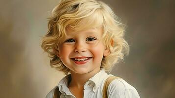 souriant de bonne humeur enfant avec blond cheveux rayonne bonheur photo