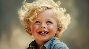 souriant de bonne humeur enfant avec blond cheveux rayonne bonheur photo