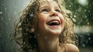 souriant enfant jouit espiègle goutte de pluie beauté en plein air photo