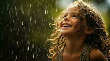 souriant enfant jouit espiègle goutte de pluie beauté en plein air photo