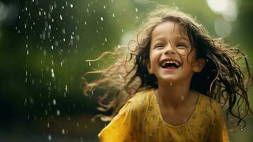 souriant enfant jouit espiègle goutte de pluie beauté en plein air photo