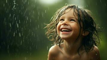 souriant enfant jouit le pluie bonheur dans humide en plein air photo