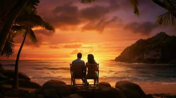 souriant couple jouit le coucher du soleil sur tropical plage photo