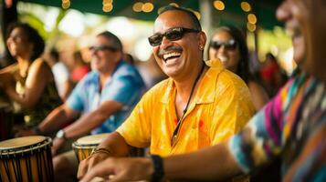 souriant les musiciens jouer percussion à une culturel Festival photo