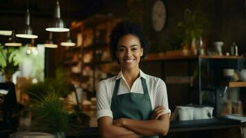 souriant Jeune africain femme sur de soi travail à l'intérieur photo